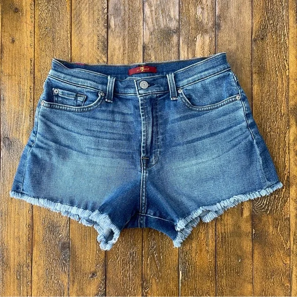 7 For All Mankind High-Rise Frayed Cuff Stretch Denim Jeans Shorts Size 29 - Picture 3 of 8